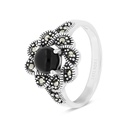 Sterling Silver 925 Ring Embedded With Natural Black Agate And Marcasite Stones