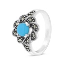 Sterling Silver 925 Ring Embedded With Natural Processed Turquoise And Marcasite Stones