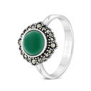 Sterling Silver 925 Ring Embedded With Natural Green Agate And Marcasite Stones