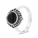 Sterling Silver 925 Ring Embedded With Natural Black Agate And Marcasite Stones