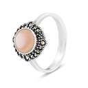 Sterling Silver 925 Ring Embedded With Natural Pink Shell And Marcasite Stones