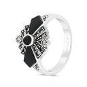 Sterling Silver 925 Ring Embedded With Natural Black Agate And Marcasite Stones