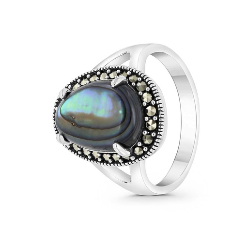Sterling Silver 925 Ring Embedded With Natural Blue Shell And Marcasite Stones