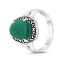 Sterling Silver 925 Ring Embedded With Natural Green Agate And Marcasite Stones