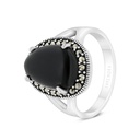 Sterling Silver 925 Ring Embedded With Natural Black Agate And Marcasite Stones