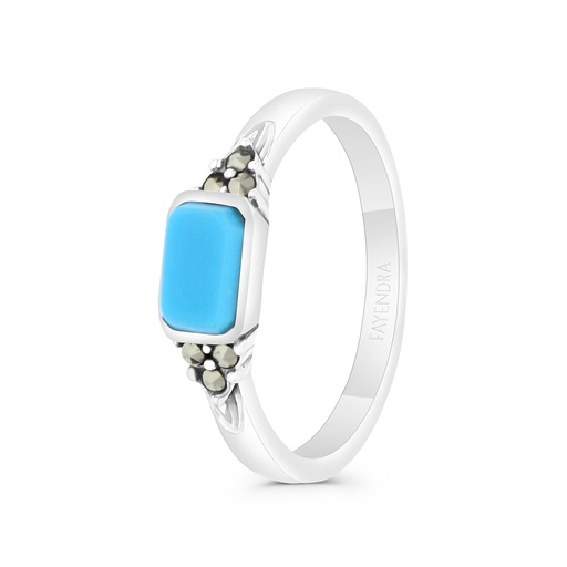 Sterling Silver 925 Ring Embedded With Natural Processed Turquoise And Marcasite Stones