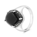 Sterling Silver 925 Ring Embedded With Natural Black Agate And Marcasite Stones