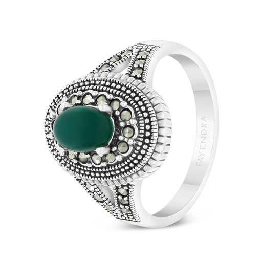 Sterling Silver 925 Ring Embedded With Natural Green Agate And Marcasite Stones