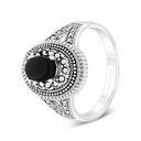 Sterling Silver 925 Ring Embedded With Natural Black Agate And Marcasite Stones