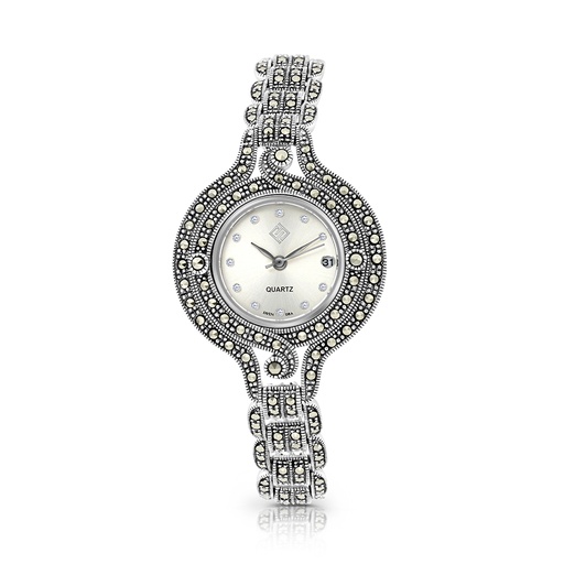 [WAT04MAR00000A164] Sterling Silver 925 Watch Embedded With Marcasite Stones