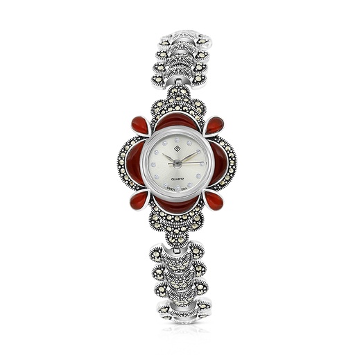 [WAT04MAR00RAGA204] Sterling Silver 925 Watch Embedded With Natural Aqiq And Marcasite Stones