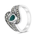 Sterling Silver 925 Ring Embedded With Natural Green Agate And Marcasite Stones