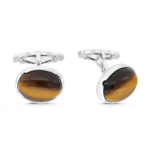 [CFL01TGE00000A203] Sterling Silver 925 Cufflink Rhodium And Black Plated Embedded With Yellow Tiger Eye