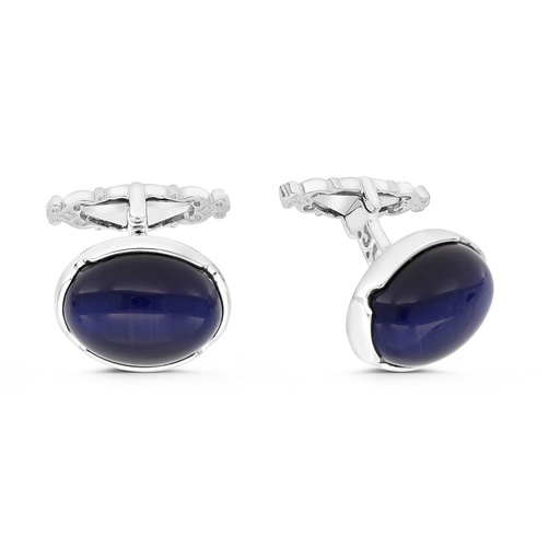 [CFL01TGU00000A203] Sterling Silver 925 Cufflink Rhodium And Black Plated Embedded With Blue Tiger Eye