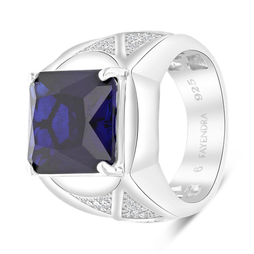 Sterling Silver 925 Ring Rhodium Plated Embedded With Sapphire Corundum For Men And White CZ