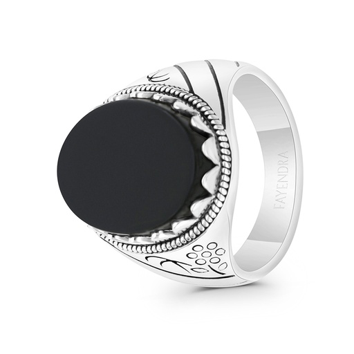 Sterling Silver 925 Ring Rhodium And Black Plated Embedded With Black Agate For Men