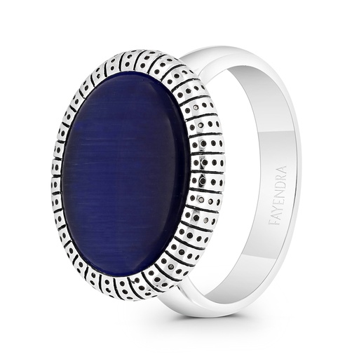 Sterling Silver 925 Ring Rhodium And Black Plated Embedded With Blue Tiger Eye For Men 