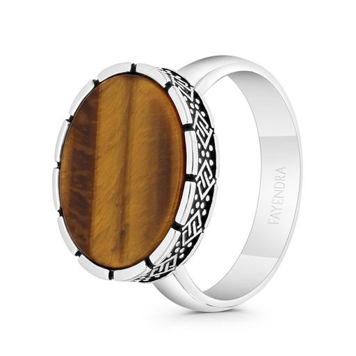 Sterling Silver 925 Ring Rhodium And Black Plated Embedded With Yellow Tiger Eye For Men