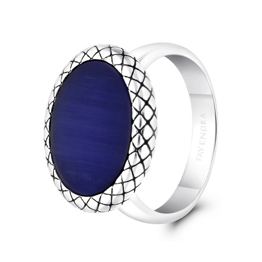 Sterling Silver 925 Ring Rhodium And Black Plated Embedded With Blue Tiger Eye For Men