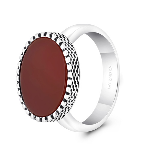 Sterling Silver 925 Ring Rhodium And Black Plated Embedded With Red Natural Aqiq For Men