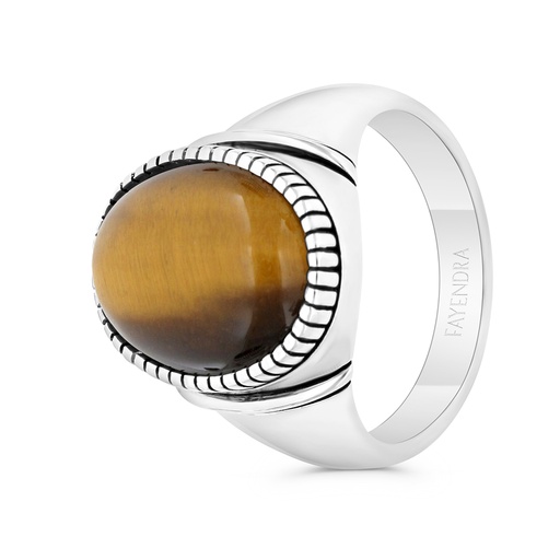 Sterling Silver 925 Ring Rhodium And Black Plated Embedded With Yellow Tiger Eye For Men