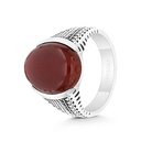 Sterling Silver 925 Ring Rhodium And Black Plated Embedded With Red Natural Aqiq For Men