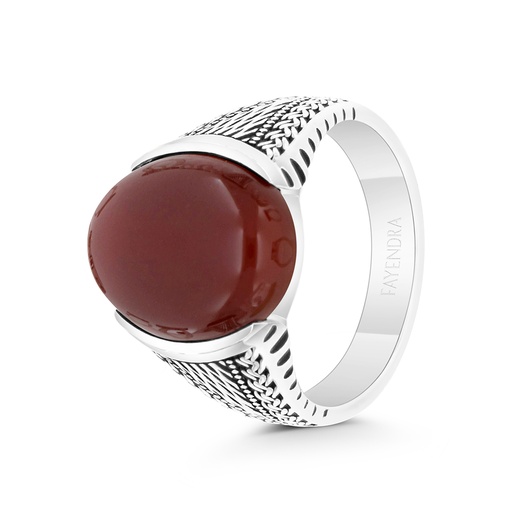 Sterling Silver 925 Ring Rhodium And Black Plated Embedded With Red Natural Aqiq For Men