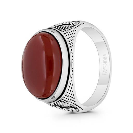 Sterling Silver 925 Ring Rhodium And Black Plated Embedded With Red Natural Aqiq For Men