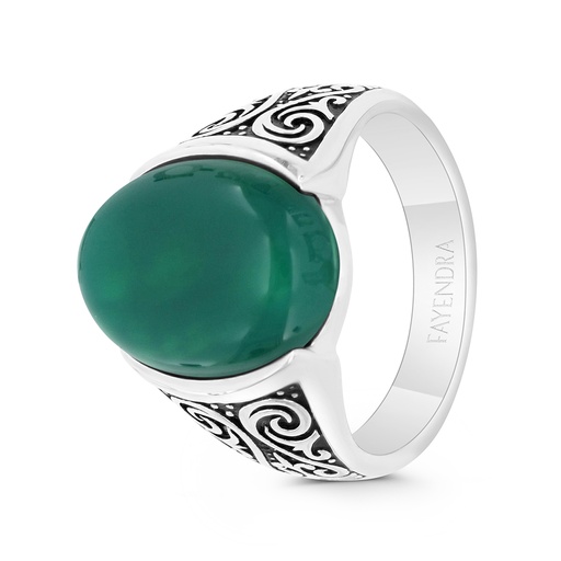 Sterling Silver 925 Ring Rhodium And Black Plated Embedded With Green Agate For Men