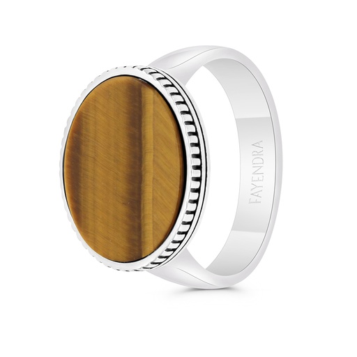 Sterling Silver 925 Ring Rhodium And Black Plated Embedded With Yellow Tiger Eye For Men