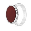 Sterling Silver 925 Ring Rhodium And Black Plated Embedded With Red Natural Aqiq For Men