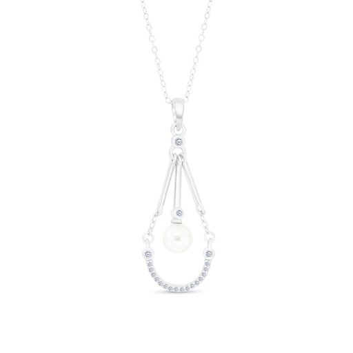 [NCL01PRL00WCZB223] Sterling Silver 925 Necklace Rhodium Plated Embedded With White Shell Pearl And White CZ