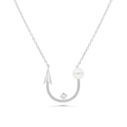 [NCL01PRL00WCZB119] Sterling Silver 925 Necklace Rhodium Plated Embedded With White Shell Pearl And White CZ