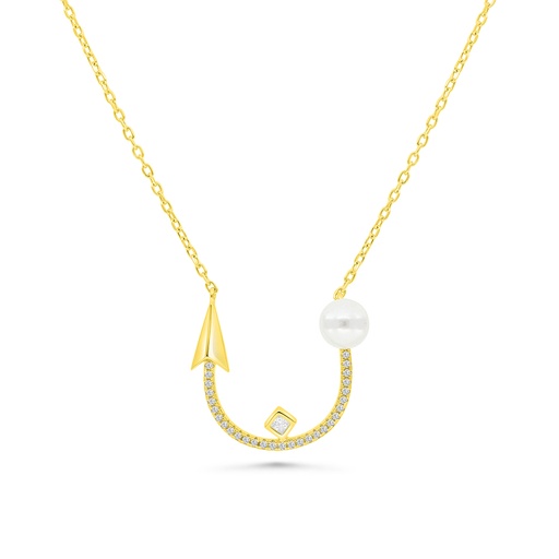 [NCL02PRL00WCZB119] Sterling Silver 925 Necklace Gold Plated Embedded With White Shell Pearl And White CZ