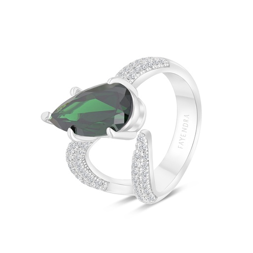 Sterling Silver 925 Ring Rhodium Plated Embedded With Emerald Zircon And White CZ