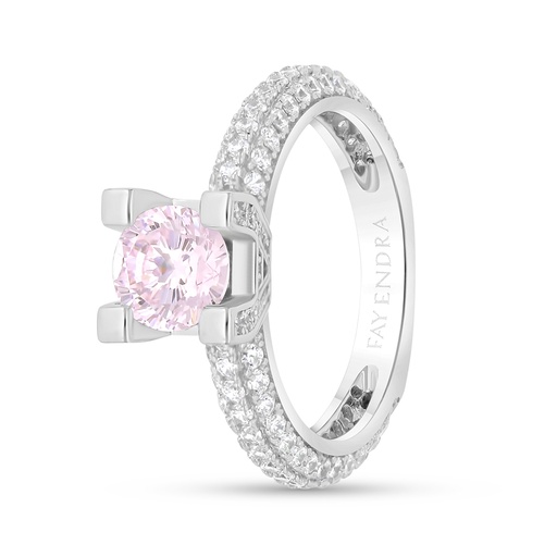 Sterling Silver 925 Ring Rhodium Plated Embedded With Pink Zircon And White CZ