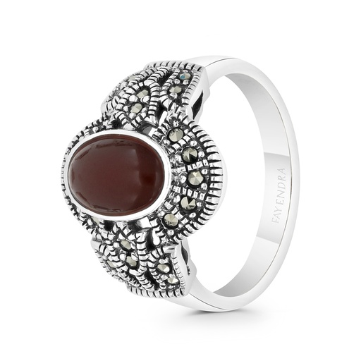 Sterling Silver 925 Ring Embedded With Natural Aqiq And Marcasite Stones