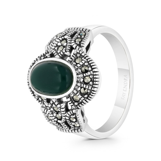 Sterling Silver 925 Ring Embedded With Natural Green Agate And Marcasite Stones
