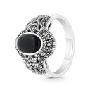 Sterling Silver 925 Ring Embedded With Natural Black Agate And Marcasite Stones