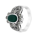 Sterling Silver 925 Ring Embedded With Natural Green Agate And Marcasite Stones