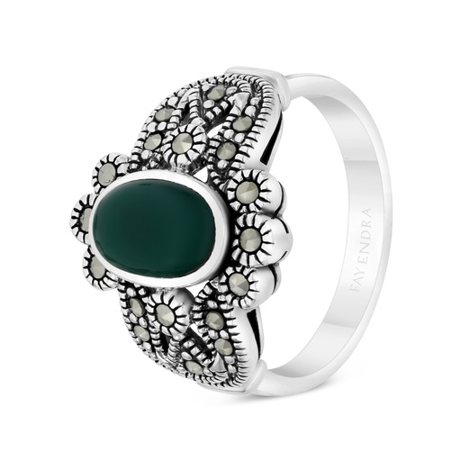 Sterling Silver 925 Ring Embedded With Natural Green Agate And Marcasite Stones