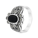 Sterling Silver 925 Ring Embedded With Natural Black Agate And Marcasite Stones