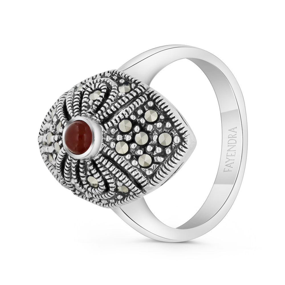 Sterling Silver 925 Ring Embedded With Natural Aqiq And Marcasite Stones