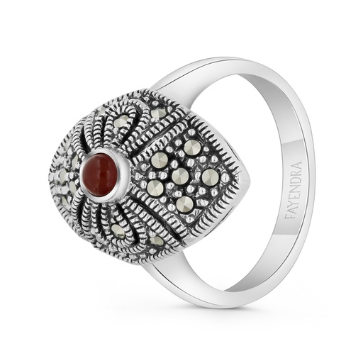 Sterling Silver 925 Ring Embedded With Natural Aqiq And Marcasite Stones