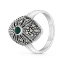 Sterling Silver 925 Ring Embedded With Natural Green Agate And Marcasite Stones