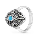 Sterling Silver 925 Ring Embedded With Natural Processed Turquoise And Marcasite Stones