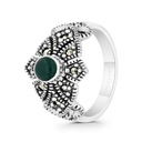 Sterling Silver 925 Ring Embedded With Natural Green Agate And Marcasite Stones