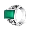 Sterling Silver 925 Ring Embedded With Natural Green Agate And Marcasite Stones