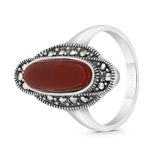 Sterling Silver 925 Ring Embedded With Natural Aqiq And Marcasite Stones