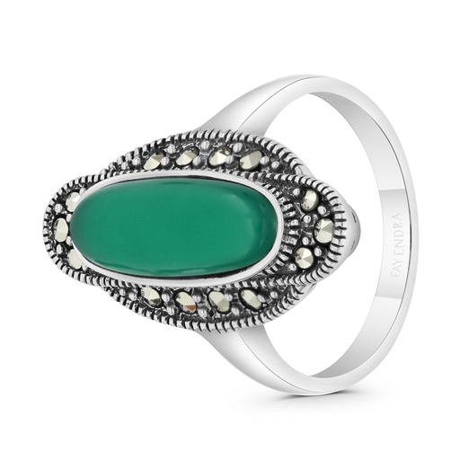 Sterling Silver 925 Ring Embedded With Natural Green Agate And Marcasite Stones